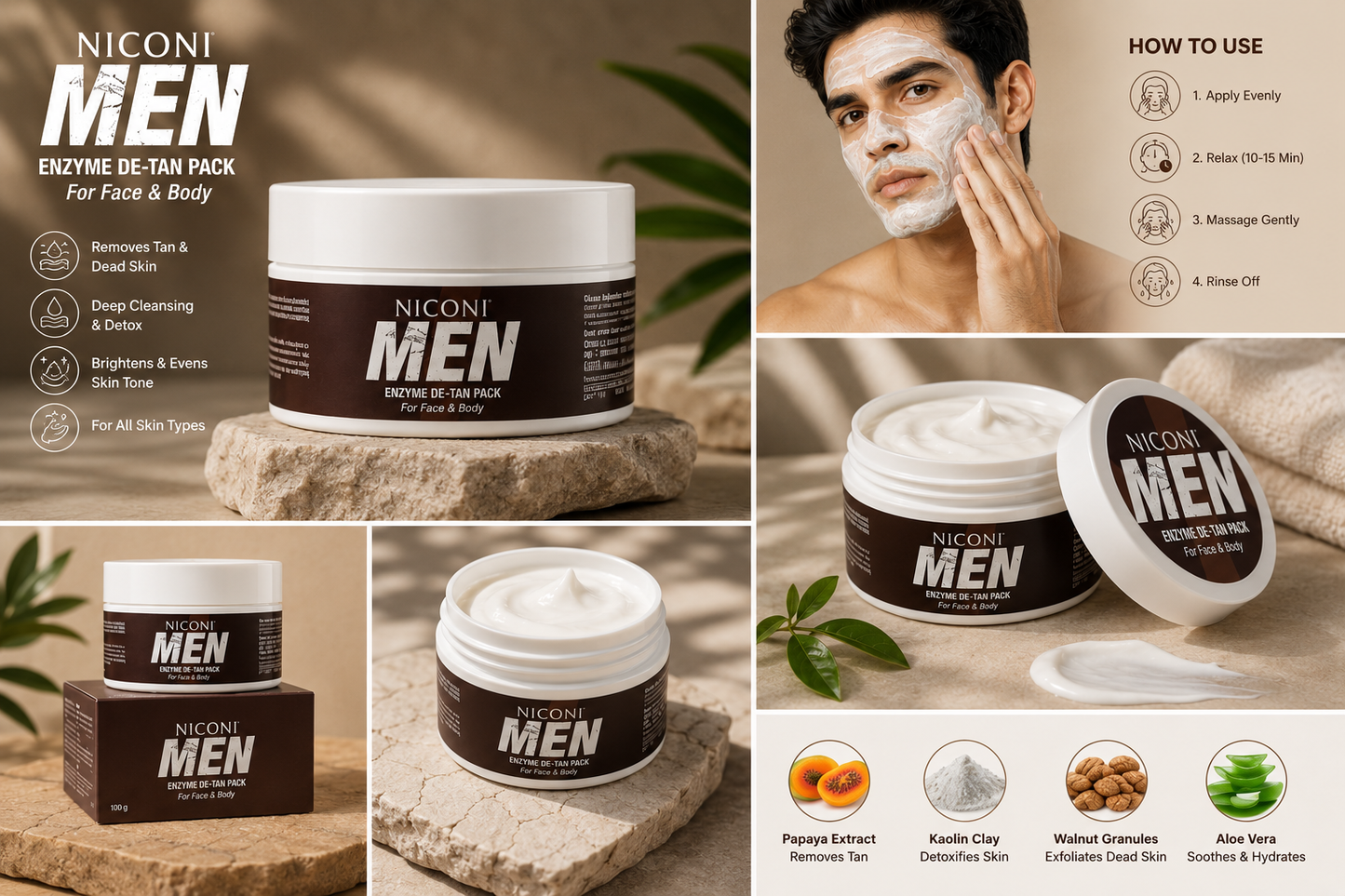 Niconi Men Enzyme De-Tan Pack For Face & Body (300g)